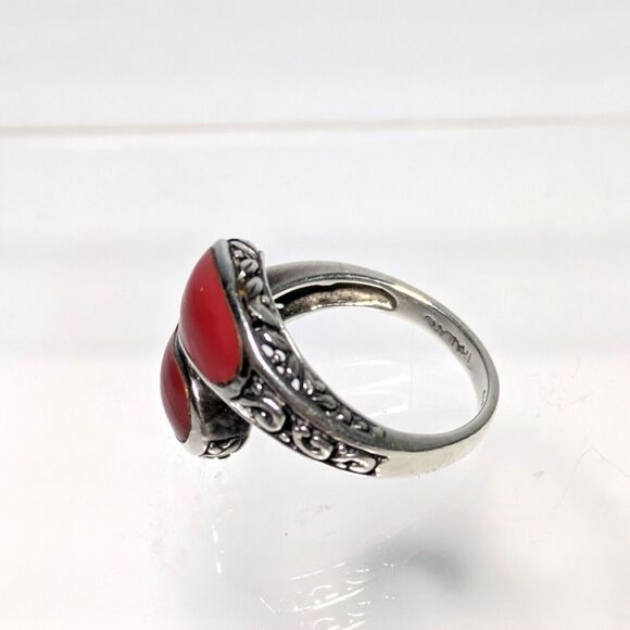 CHAPAL ZENRAY 925 Sterling Silver Coral Bypass Vintage Ring Size 6.75-7 - Picture 3 of 9